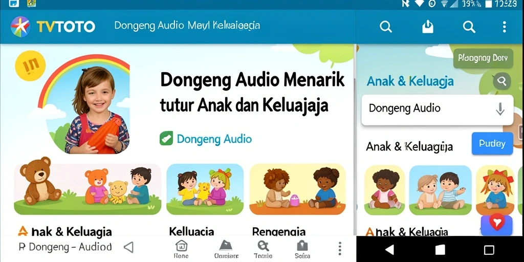 Tampilan antarmuka aplikasi TVTOTO dengan pilihan dongeng audio.